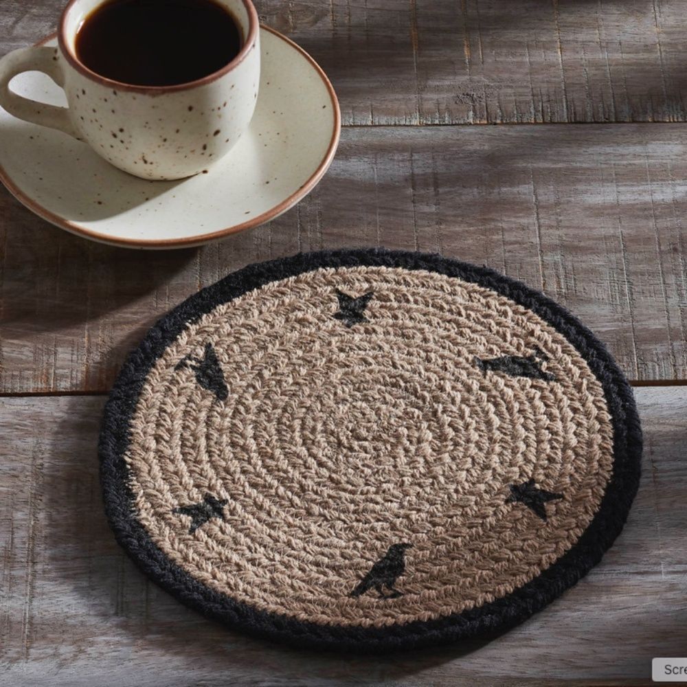 Black Raven Harvest Stencil Jute Braided 8 Inch Trivet Crow Autumn Thanksgiving